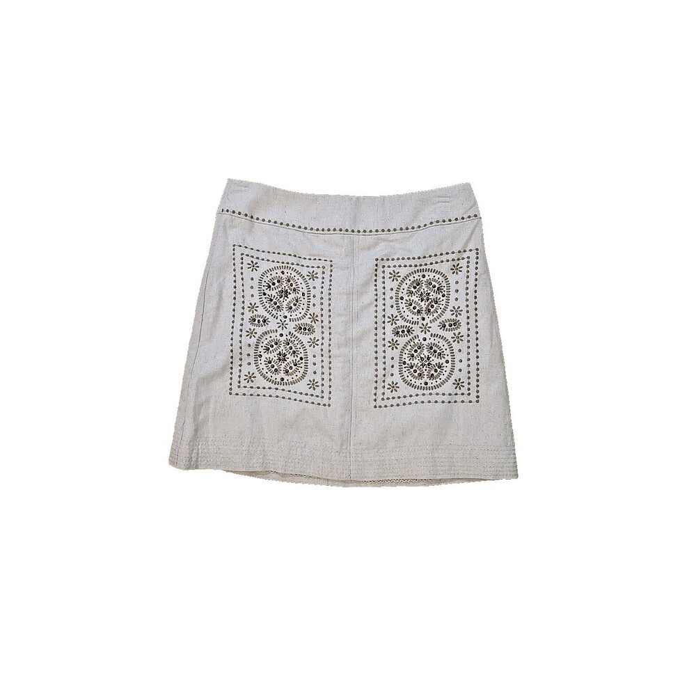 Anthropologie Floreat Linen Blend Beaded Embroidered Skirt 6 Oatmeal Hippie Boho